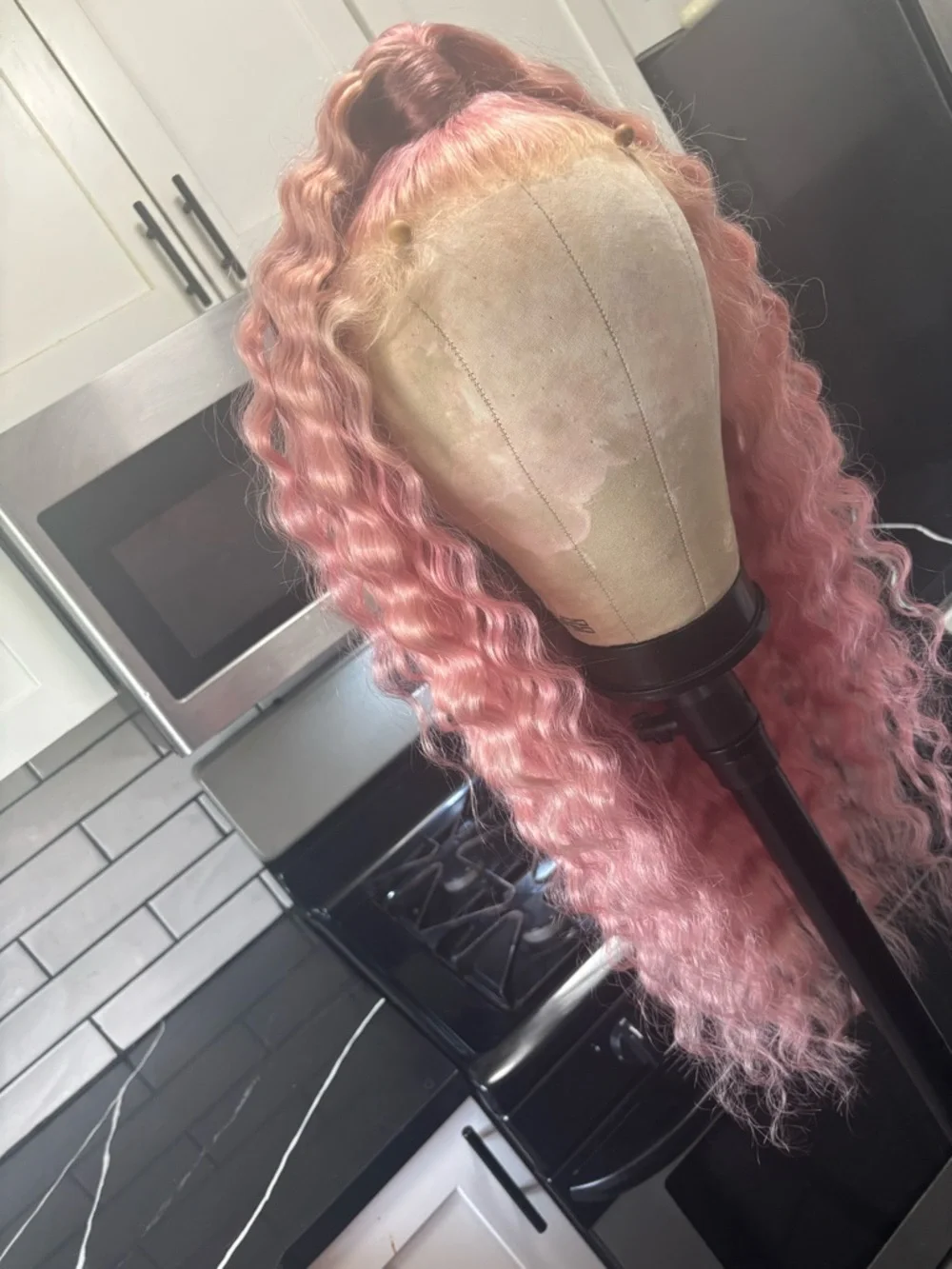 Human Hair Lace Front Wig- Long Wavy Pink Blonde Unit - Picture 5 of 8